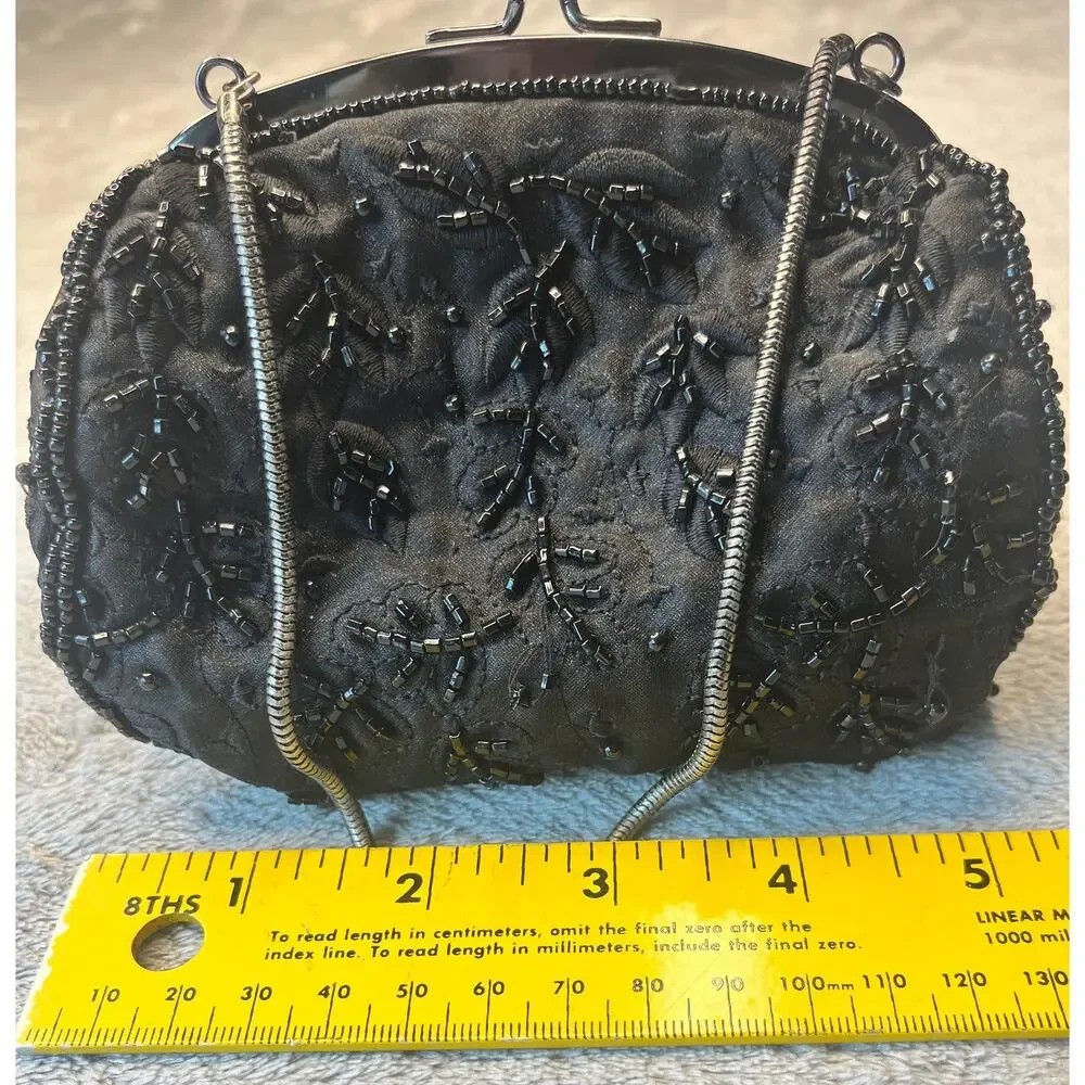 Indeed Black Beaded Satin Evening Clutch Bag Floral Embroidery Kiss Lock Formal